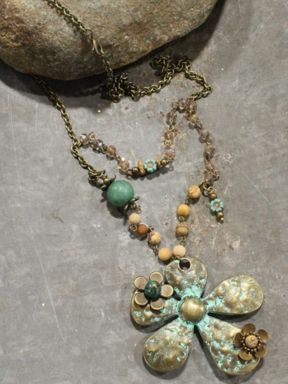 🎉 BOHO Patina 3D Flower & Czech Layered Necklace